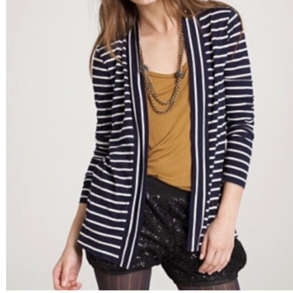 J.Crew Womens Navy Blue White Striped‎ 100% Cotton Button Cardigan Sweater XS